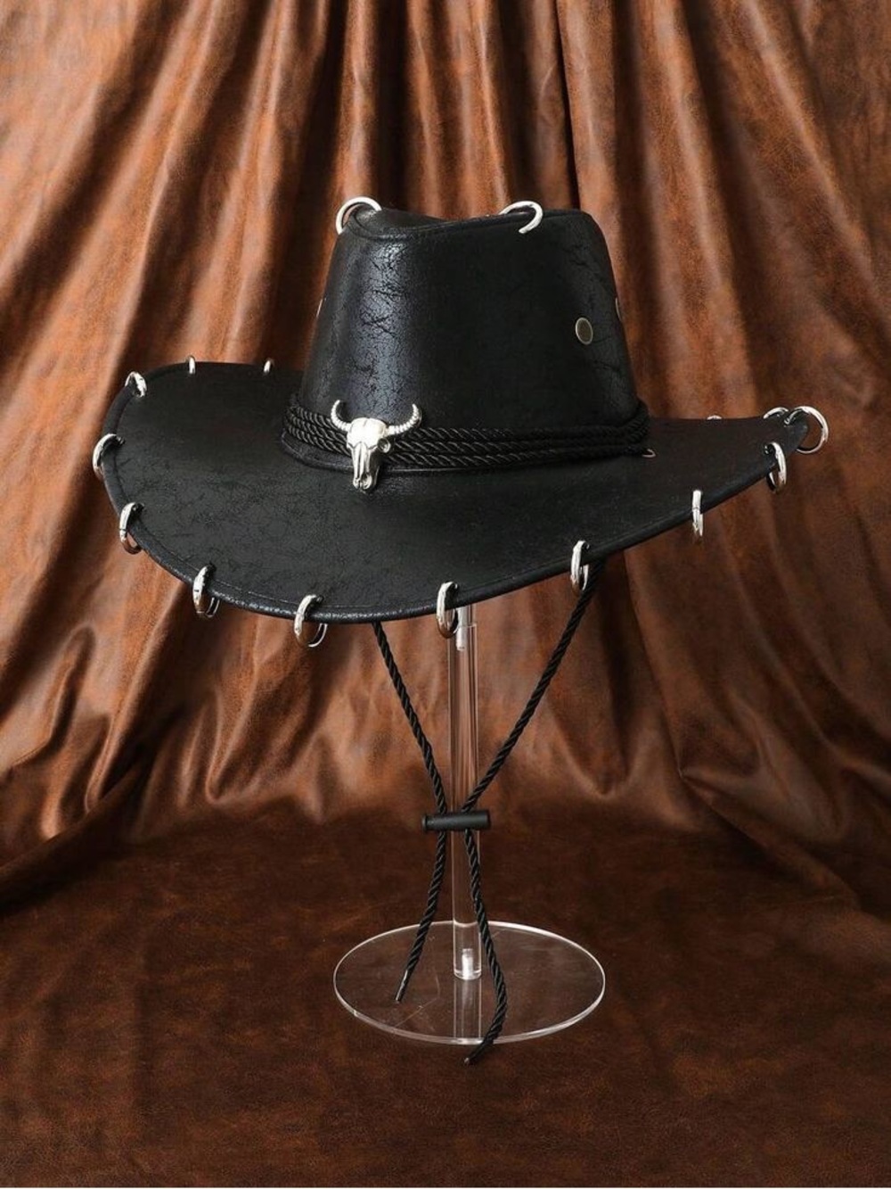 Black Gothic Faux Leather Western Cowboy Hat with Silver Rings Trim & Bull Decor